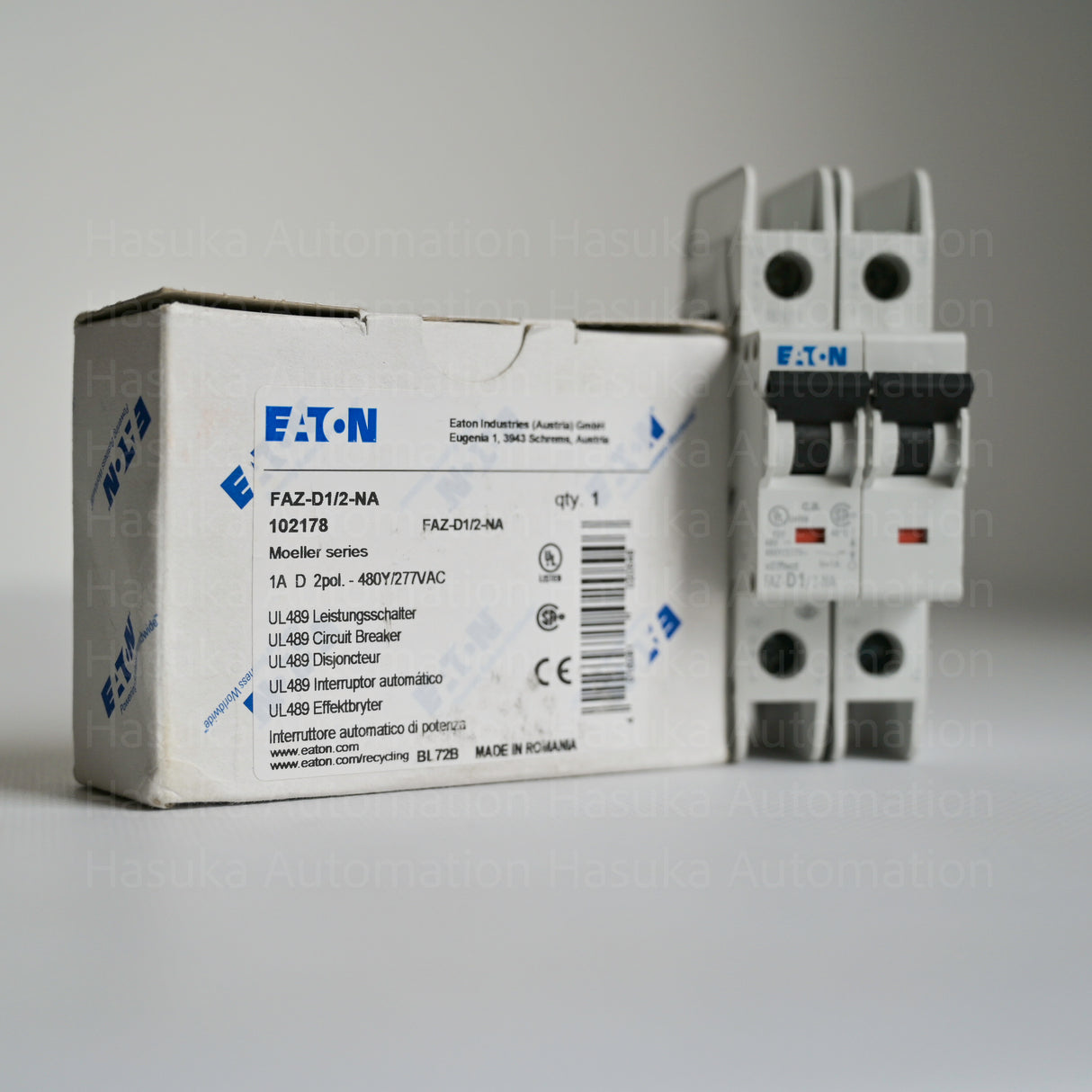 2-pole breaker features a tripping characteristic of D and a rated current of 1 A