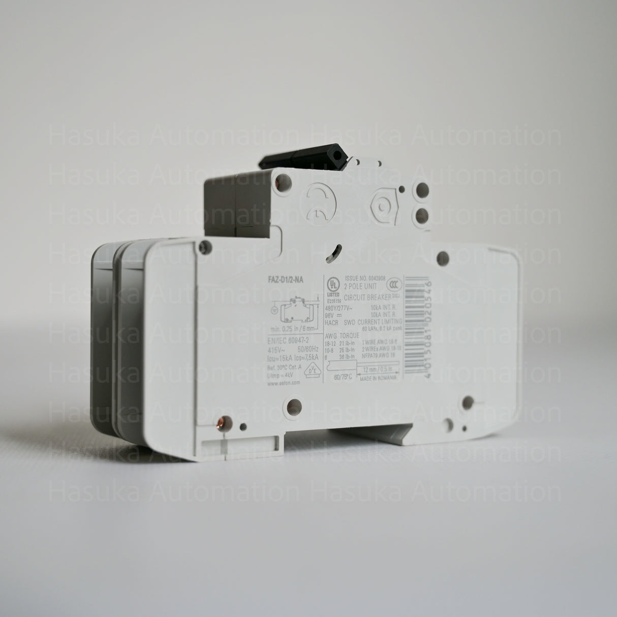  2-pole breaker features a tripping characteristic of D and a rated current of 1 A