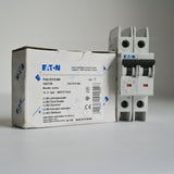  2-pole breaker features a tripping characteristic of D and a rated current of 1 A