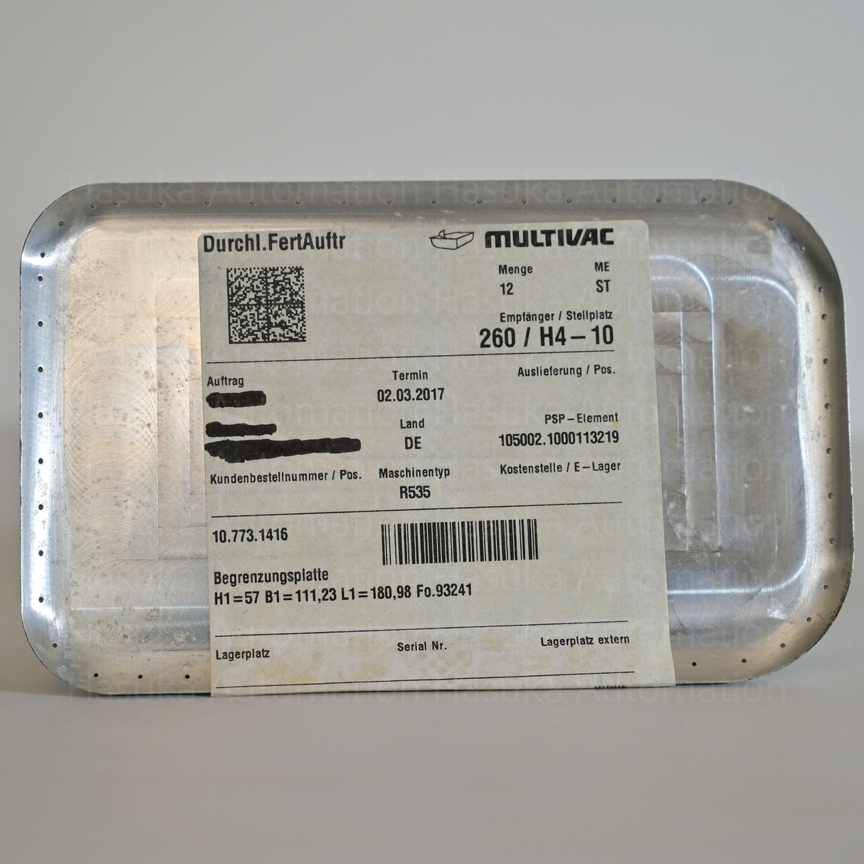 MULTIVAC R535 Boundary Plate 10.773.1416 Aluminium Component 107731416